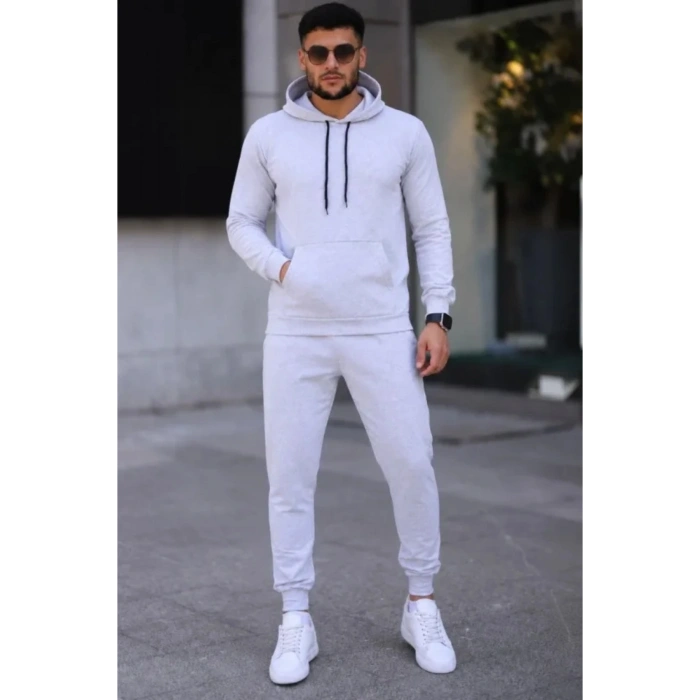 Erkek İki İplik Kapüşonlu Kanguru Cepli Sweatshirt Jogger Pantolon Alt Üst Eşofman Takımı -Beyaz