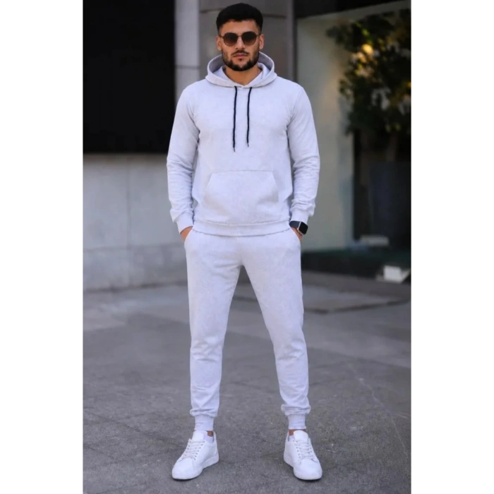 Erkek İki İplik Kapüşonlu Kanguru Cepli Sweatshirt Jogger Pantolon Alt Üst Eşofman Takımı -Beyaz