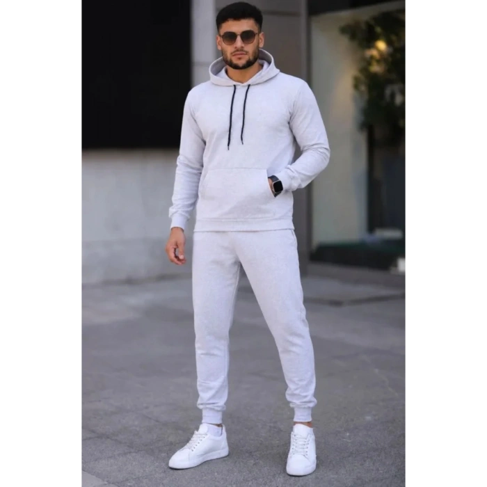 Erkek İki İplik Kapüşonlu Kanguru Cepli Sweatshirt Jogger Pantolon Alt Üst Eşofman Takımı -Beyaz