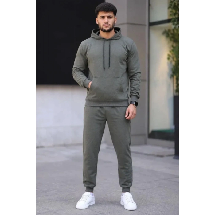 Erkek İki İplik Kapüşonlu Kanguru Cepli Sweatshirt Jogger Pantolon Alt Üst Eşofman Takımı - Haki