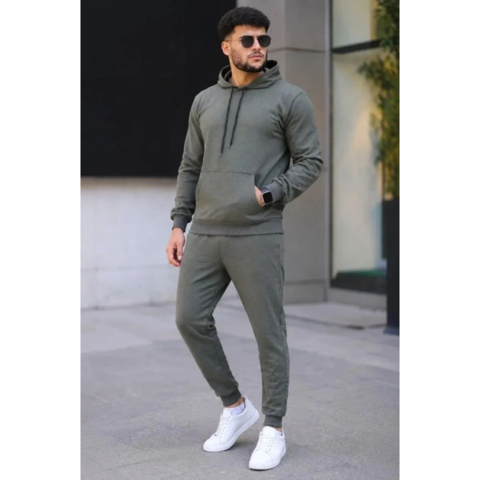 Erkek İki İplik Kapüşonlu Kanguru Cepli Sweatshirt Jogger Pantolon Alt Üst Eşofman Takımı - Haki