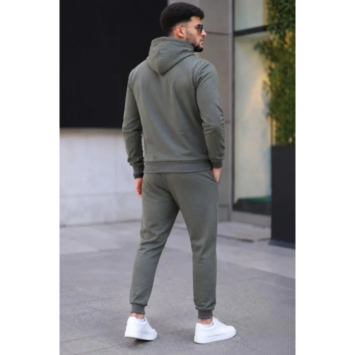 Erkek İki İplik Kapüşonlu Kanguru Cepli Sweatshirt Jogger Pantolon Alt Üst Eşofman Takımı - Haki