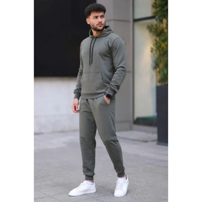 Erkek İki İplik Kapüşonlu Kanguru Cepli Sweatshirt Jogger Pantolon Alt Üst Eşofman Takımı - Haki