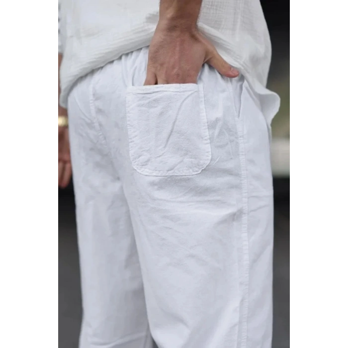 Erkek Ham Keten Beli Lastikli Cepli Regular Fit Boru Paça Pantolon - Beyaz