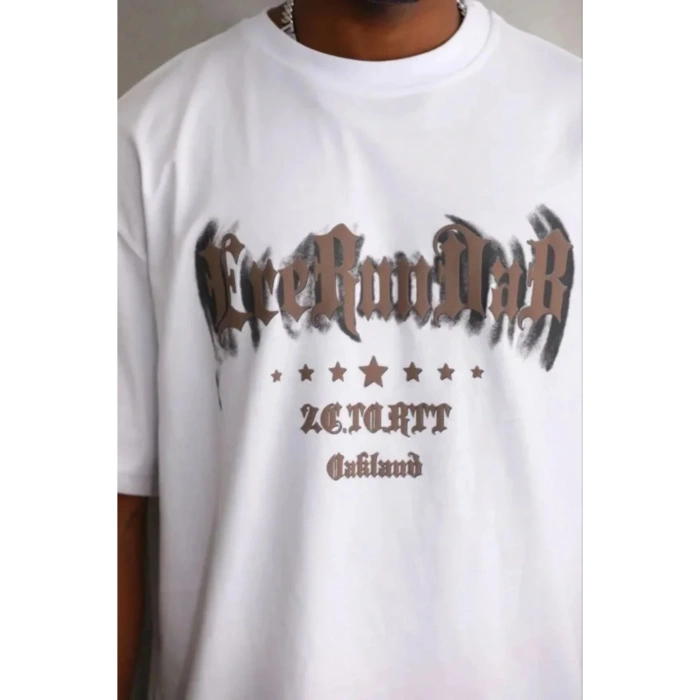 Erkek Baskılı T-Shirt Kısa Kol Bisiklet Yaka Regular Fit Rahat Kalıp Günlük Tişört - Beyaz