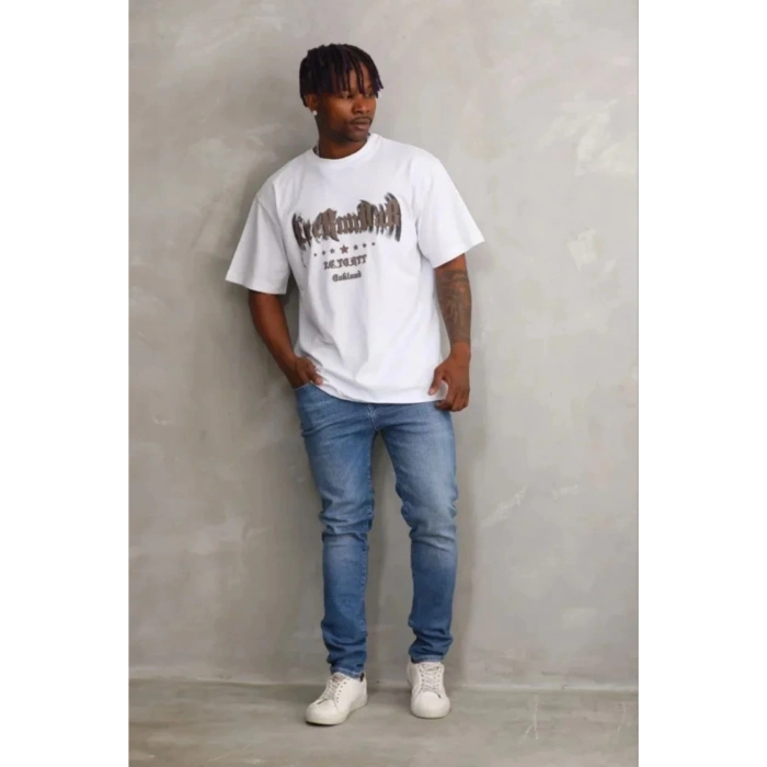 Erkek Baskılı T-Shirt Kısa Kol Bisiklet Yaka Regular Fit Rahat Kalıp Günlük Tişört - Beyaz