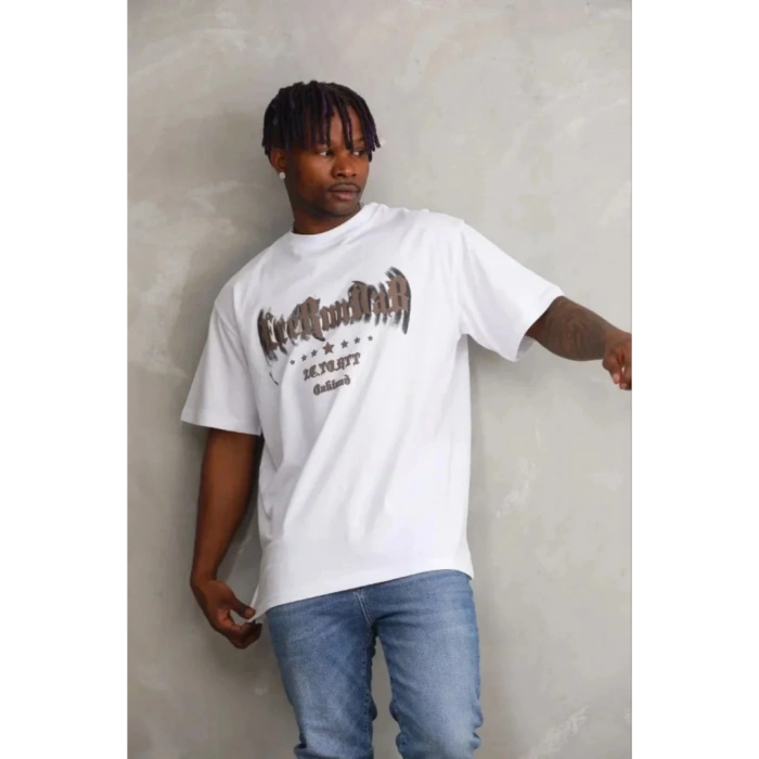 Erkek Baskılı T-Shirt Kısa Kol Bisiklet Yaka Regular Fit Rahat Kalıp Günlük Tişört - Beyaz