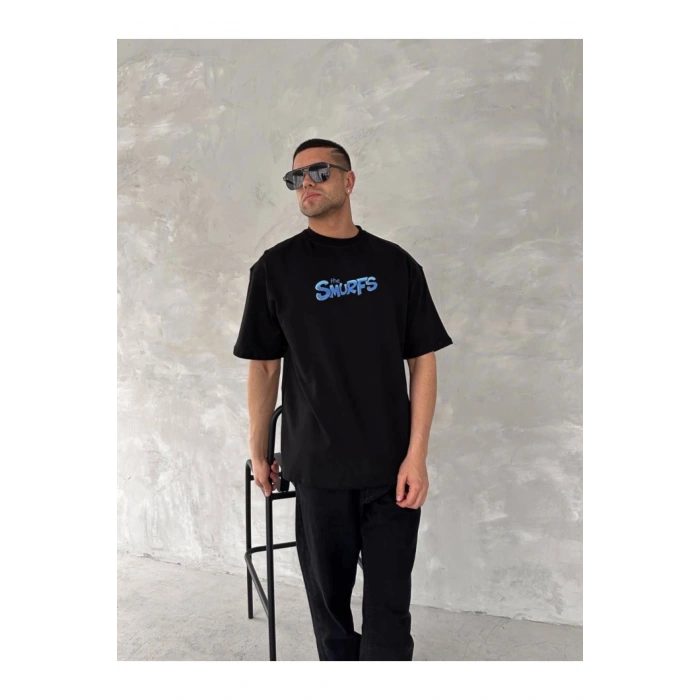 Ön Ve Arka Baskılı Oversize Bisiklet Yaka T-shirt- Siyah