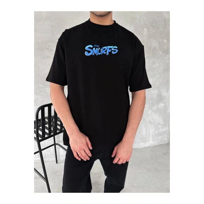 Ön Ve Arka Baskılı Oversize Bisiklet Yaka T-shirt- Siyah