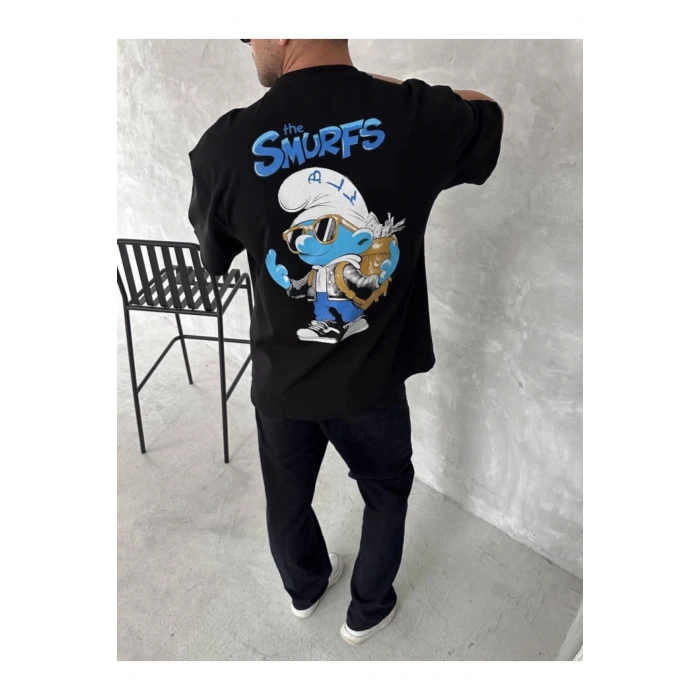 Ön Ve Arka Baskılı Oversize Bisiklet Yaka T-shirt- Siyah
