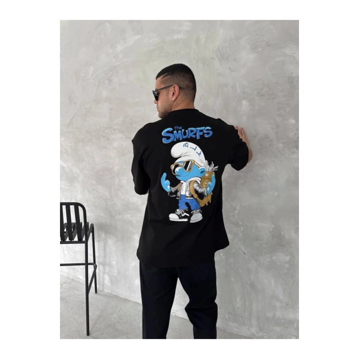 Ön Ve Arka Baskılı Oversize Bisiklet Yaka T-shirt- Siyah