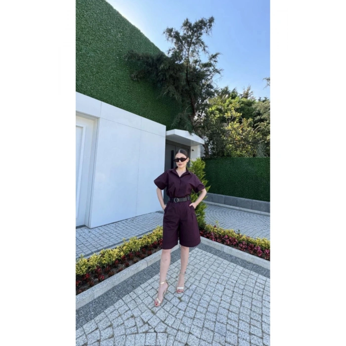 Yakalı Gömlek Kemerli Şortlu Takım - Bordo