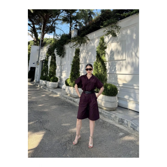 Yakalı Gömlek Kemerli Şortlu Takım - Bordo