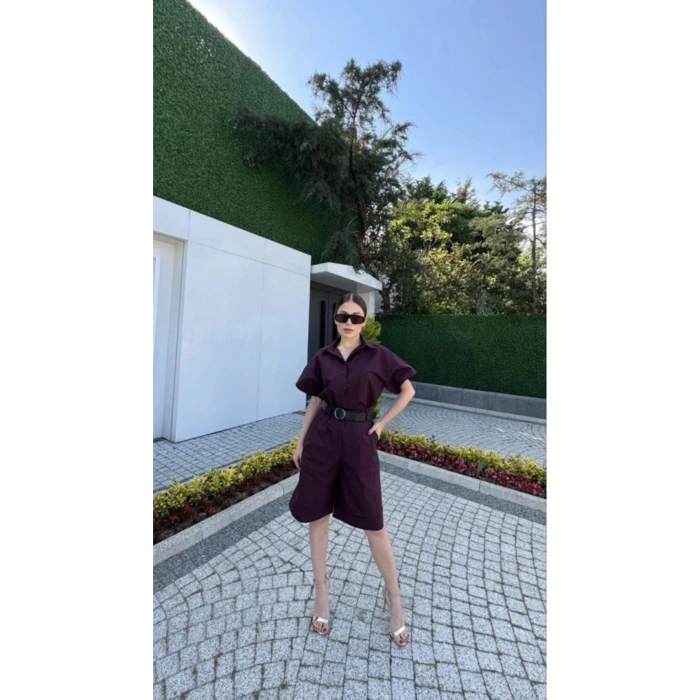 Yakalı Gömlek Kemerli Şortlu Takım - Bordo