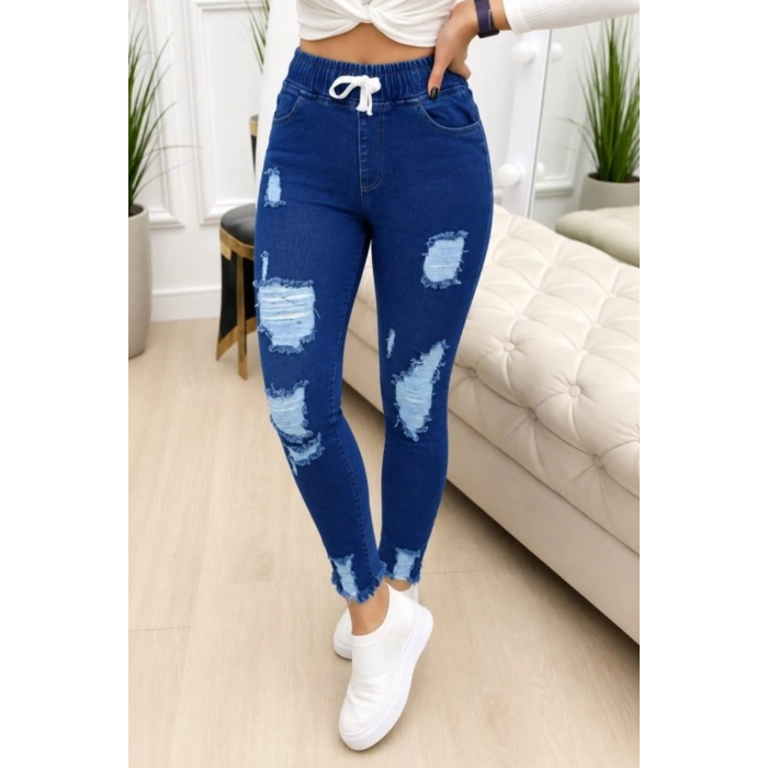Kadın Yüksek Bel Beli Bağcıklı önden Yırtık Desenli Kot Pantolon