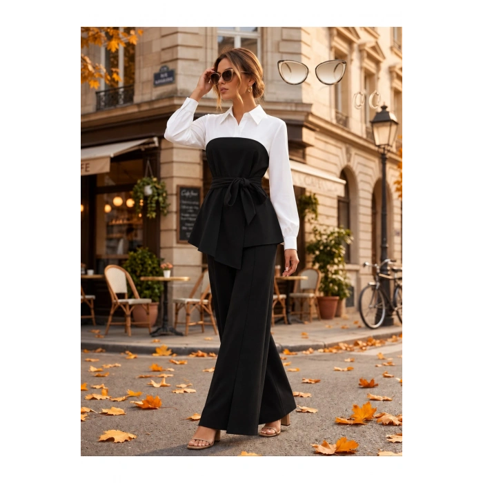 Kadın Uzun Kollu Yakalı üst Kısmı Trikoton Asimetrik Detaylı Belden Kuşaklı Ithal Krep Bluz Ve Yırtm