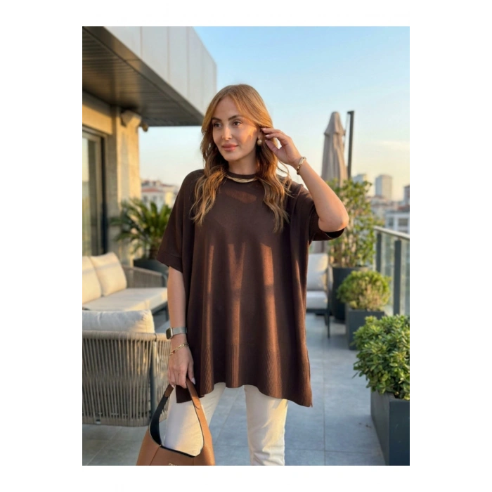 Kadın Bisiklet Yaka Kısa Yarasa Kollu Yanları Yırtmaçlı Oversize Dökümlü Merserize Bluz