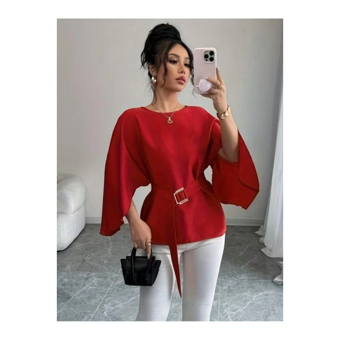 Kadın Uzun Kollu Yuvarlak Yakalı Yarasa Kollu Belden Kuşaklı Atlas Bluz