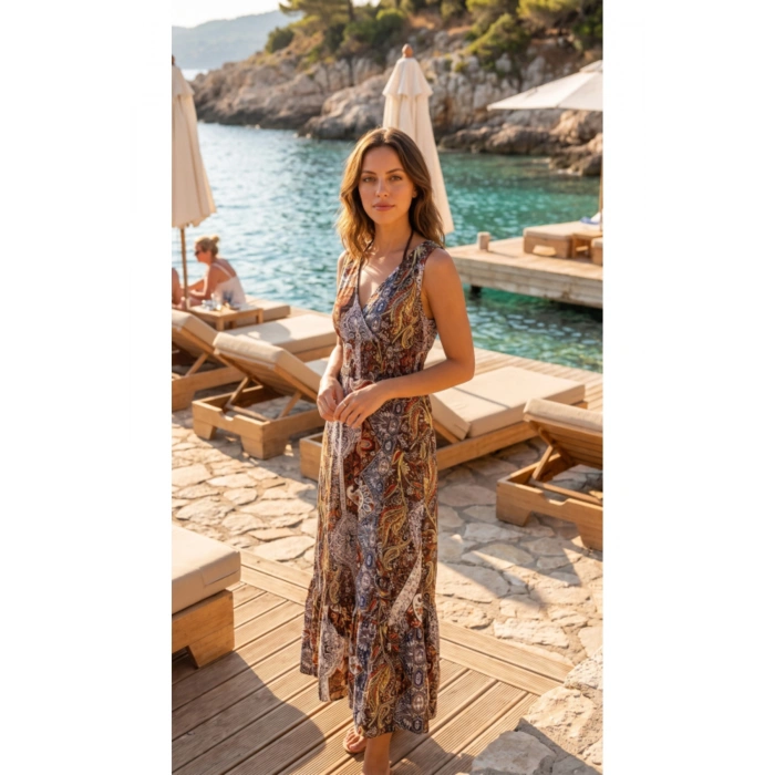Kadın Beli Gipeli Etnik Desen Sıfır Kol Süprem Elbise