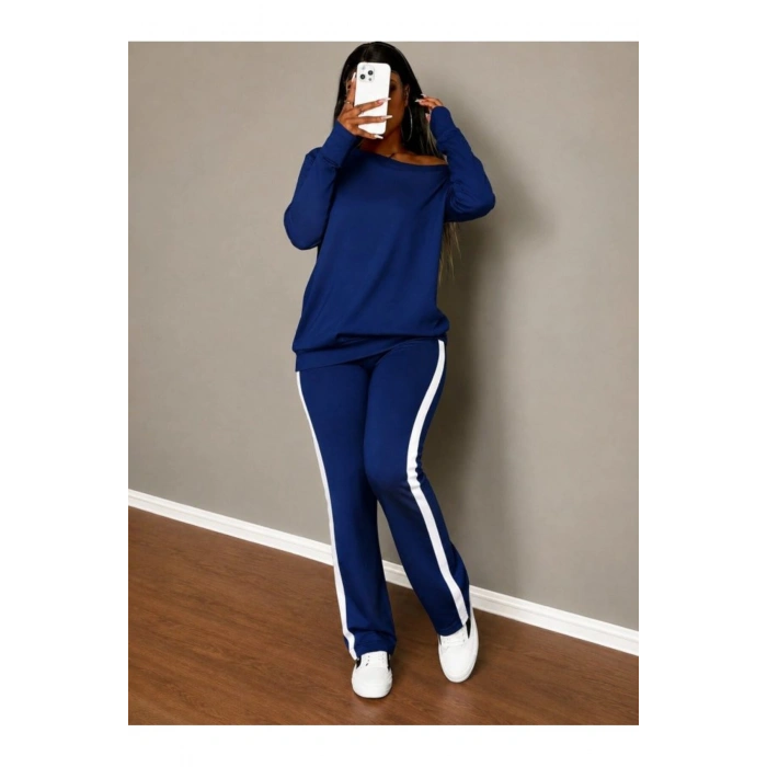 Kadın Tek Omuzdan Açık Uzun Kollu Viskon Iki Iplik Bluz Ve Yan şerit Detaylı Pantolon Ikili Takım