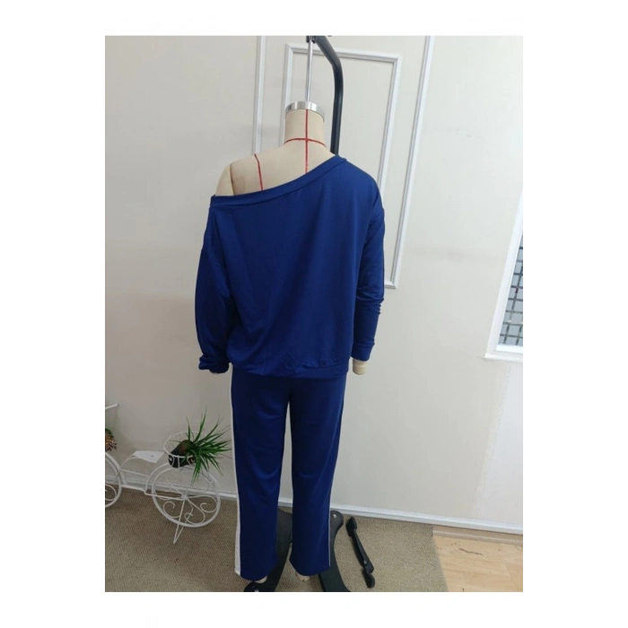 Kadın Tek Omuzdan Açık Uzun Kollu Viskon Iki Iplik Bluz Ve Yan şerit Detaylı Pantolon Ikili Takım