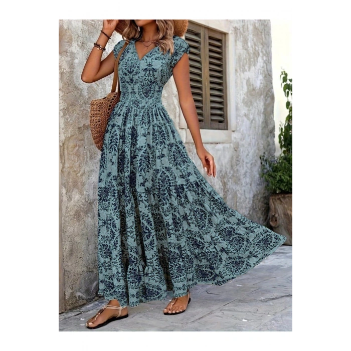 Kadın Kısa Kollu Kruvaze Yaka Beli Lastikli Süprem Maksi Boy Elbise