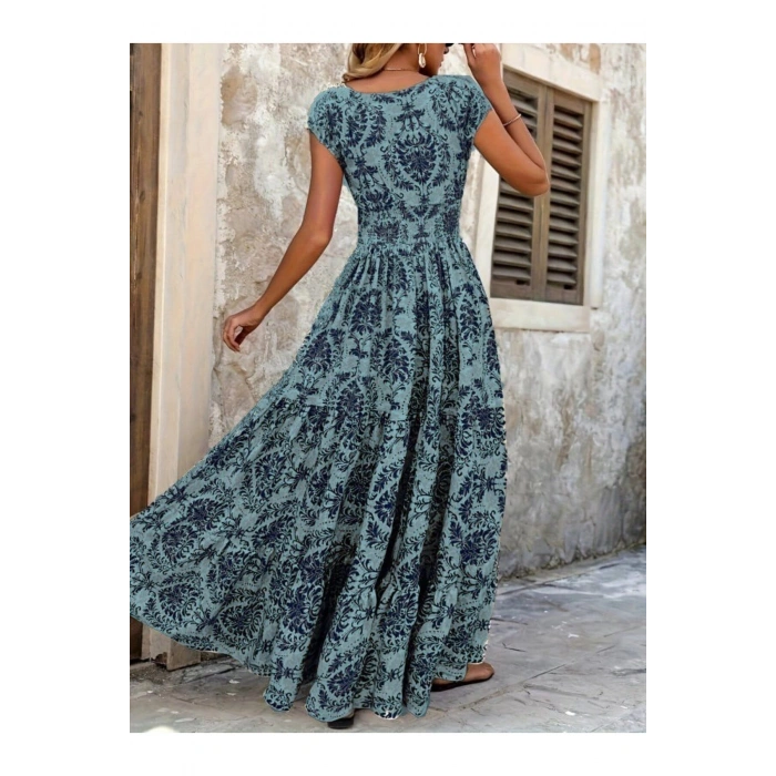 Kadın Kısa Kollu Kruvaze Yaka Beli Lastikli Süprem Maksi Boy Elbise