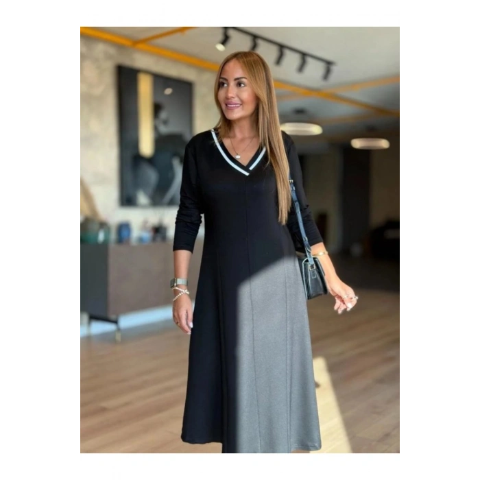 Kadın Uzun Kollu V Yakalı Midi çağla Yeşili Modal Elbise