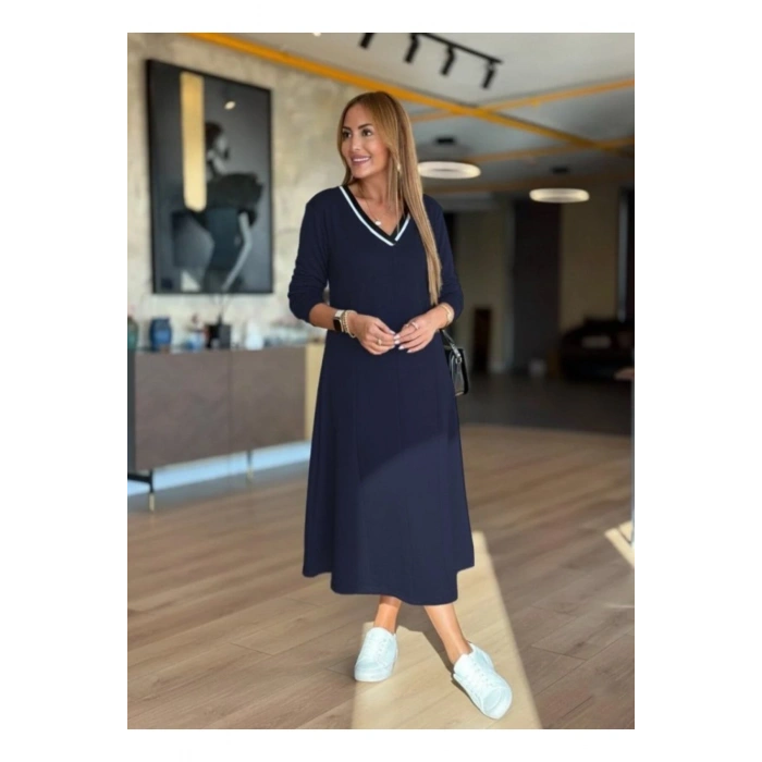 Kadın Uzun Kollu V Yakalı Midi çağla Yeşili Modal Elbise