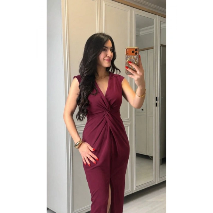 Kadın Kısa Kollu V Yakalı önü Sarmal Detaylı Yırtmaçlı Sandy Midi Elbise