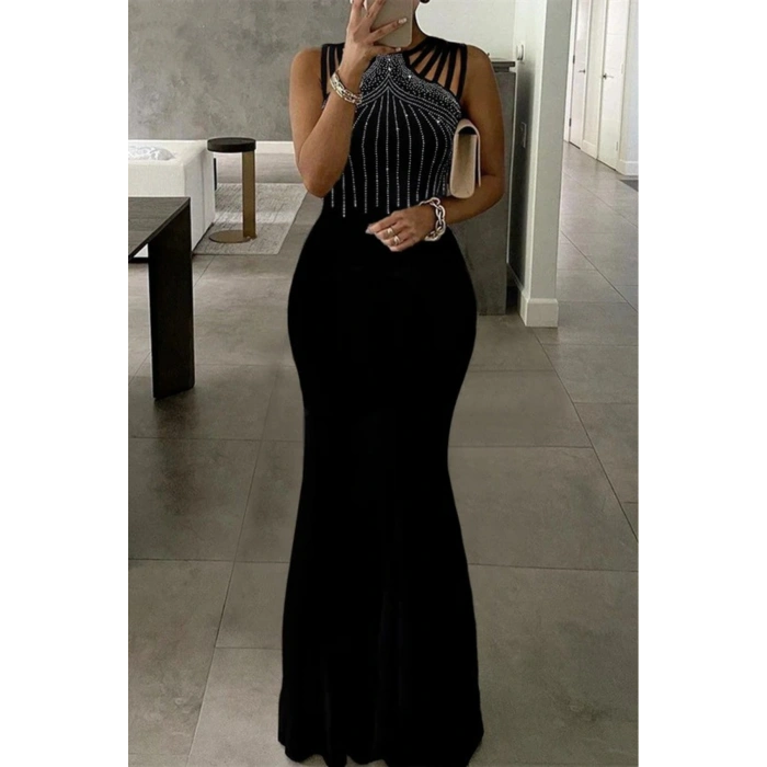 Kadın Omuz çoklu Askılı önü Taş Işlemeli Balık Kesim Janjan Krep Maxi Boy Elbise