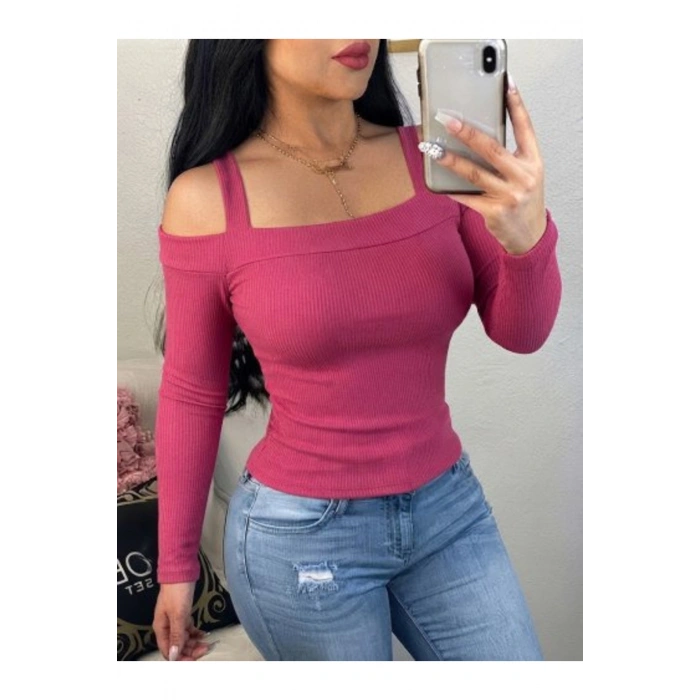 Kadın Uzun Kollu Madonna Yaka Askılı Krop Kaşkorse Bluz