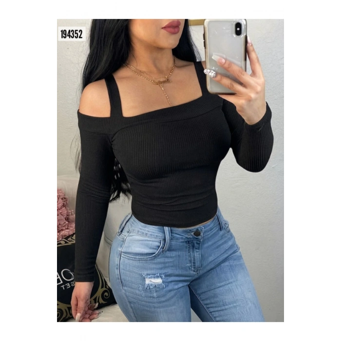 Kadın Uzun Kollu Madonna Yaka Askılı Krop Kaşkorse Bluz