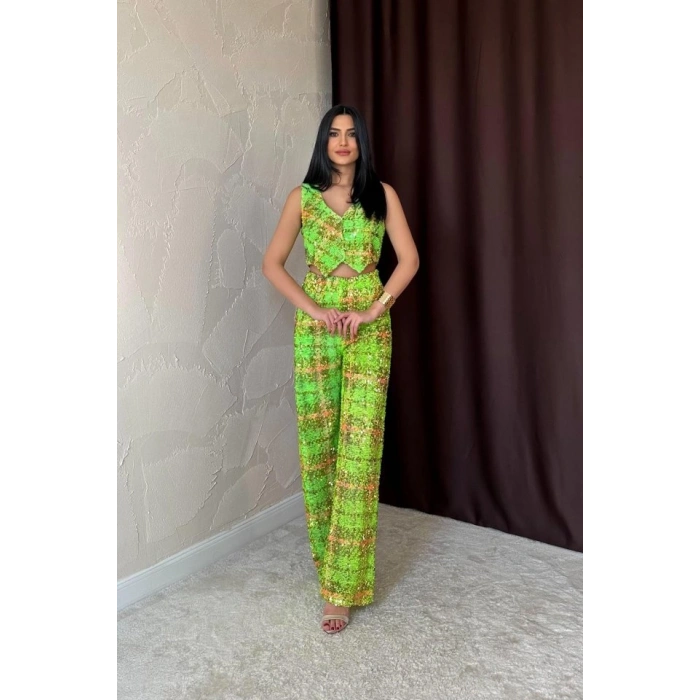 Yeşil Pullu Yelek Ve Pantolon Takım