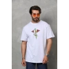 Unisex Bisiklet Yaka Baskılı Oversize T-Shirt - Beyaz