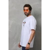 Unisex Bisiklet Yaka Baskılı Oversize T-Shirt - Beyaz
