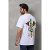 Unisex Bisiklet Yaka Baskılı Oversize T-Shirt - Beyaz