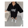 Unisex Yarım Fermuarlı Baskılı T-Shirt - Siyah