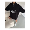 Unisex Yarım Fermuarlı Baskılı T-Shirt - Siyah