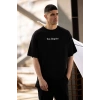 Unisex Bisiklet Yaka Baskılı Oversize T-Shirt - Siyah