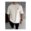 Unisex Bisiklet Yaka Baskılı Oversize T-Shirt - Beyaz