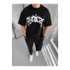 Unisex Bisiklet Yaka Baskılı Oversize T-Shirt - Siyah