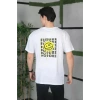 Unisex Bisiklet Yaka Baskılı Oversize T-Shirt - Beyaz