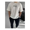 Unisex Bisiklet Yaka Baskılı Oversize T-Shirt - Beyaz
