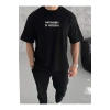 Unisex Bisiklet Yaka Baskılı Oversize T-Shirt - Siyah