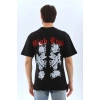 Unisex Oversize Baskılı Bisiklet Yaka T-Shirt - Siyah