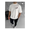 Unisex Bisiklet Yaka Baskılı Oversize T-Shirt - Beyaz