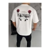 Unisex Bisiklet Yaka Baskılı Oversize T-Shirt - Beyaz