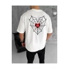 Unisex Bisiklet Yaka Baskılı Oversize T-Shirt - Beyaz