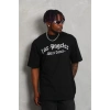 Unisex Oversize Baskılı Bisiklet Yaka T-Shirt - Siyah